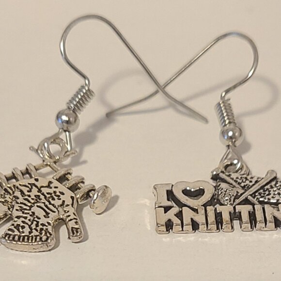 Handmade Dangle Knitters Silver Tone Earrings. Casual. .5" from earlobe. - Picture 2 of 3